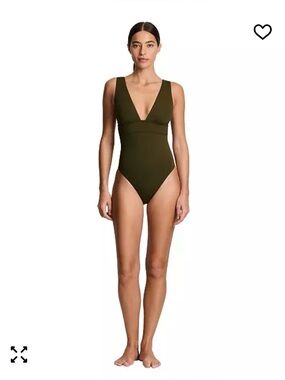 Ralph Lauren Olive Green Women Modern V-Neck Sculpting One-Piece Swimsuit Sz 12